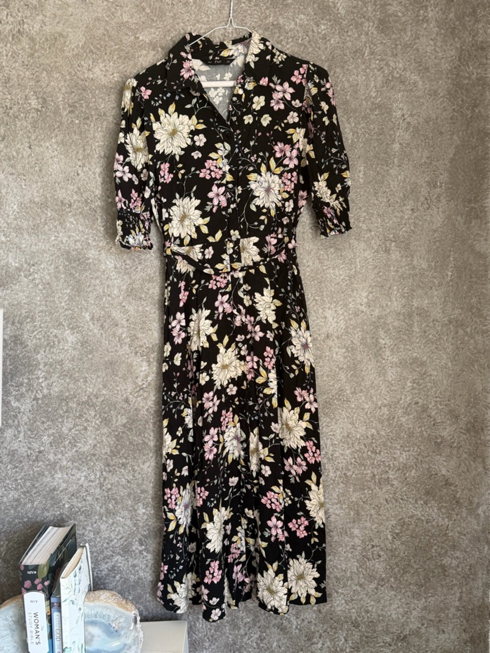 F&F Black Midi Dress with Pink and Cream Floral Print